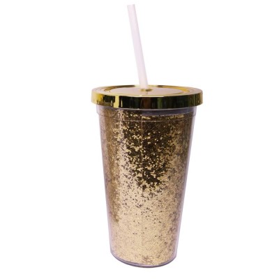 PS Cup Double Wall with PS Straw Glitter Paper Insert Plastic Drink Bottle BPA Free